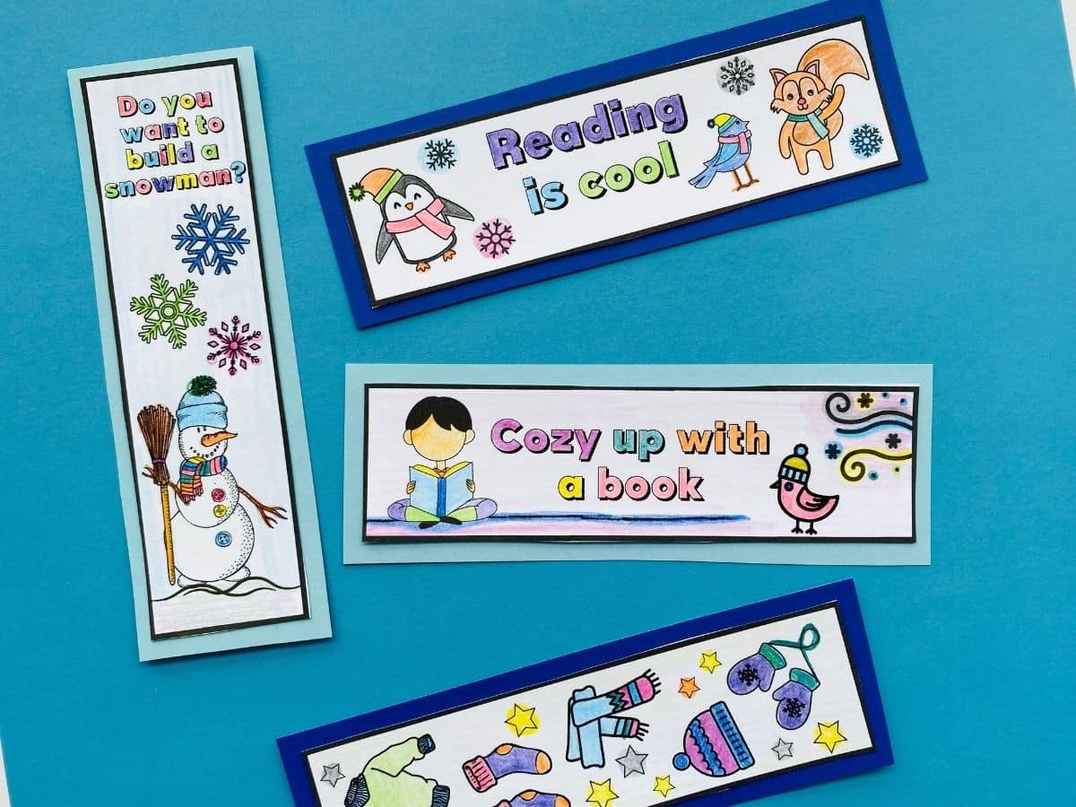 colored winter bookmarks to color for kids all colored and cut out