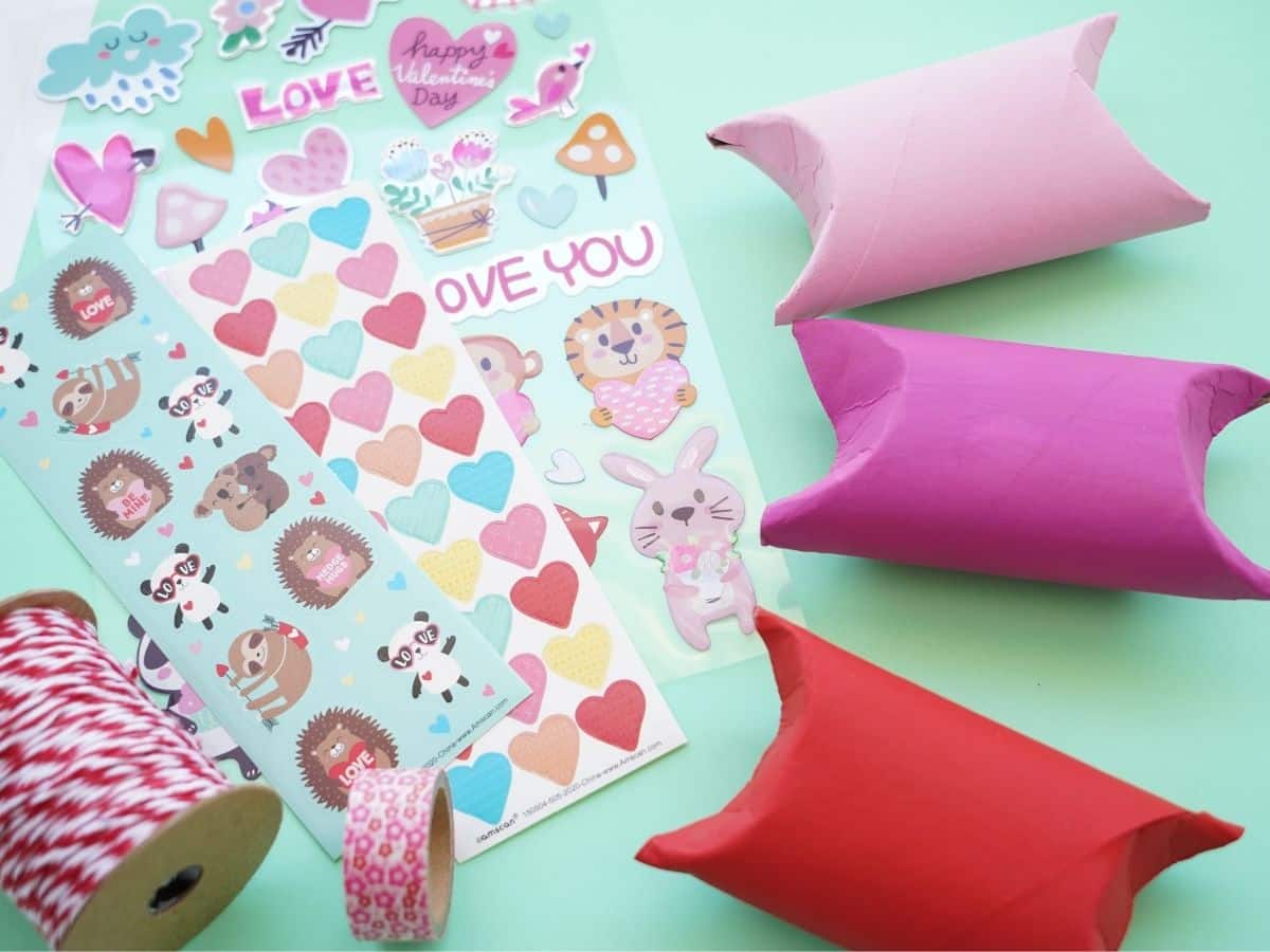 valentine stickers string and painted toilet paper roll gift boxes
