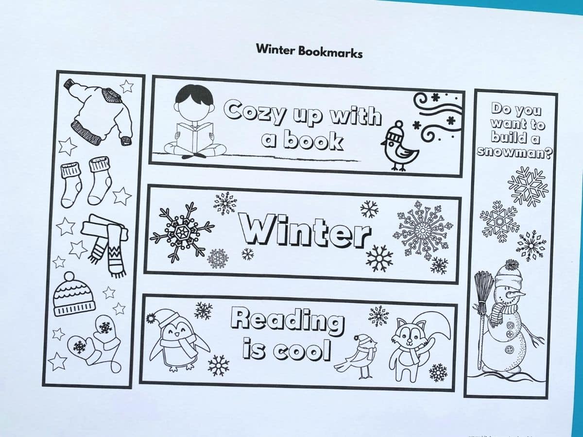 winter bookmarks for kids to color printed out on paper
