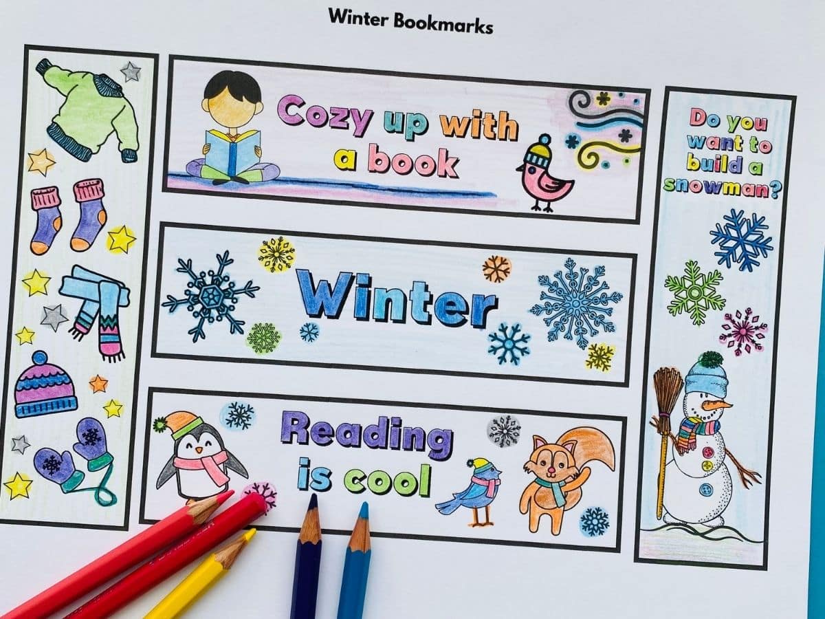 winter bookmarks to colour all coloured with pencil crayons