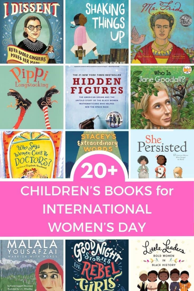 image of 12 book covers and title "20+ Children's books for International women's day" with pink background