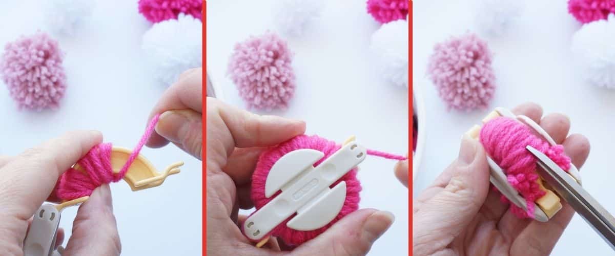 pom pom maker with pink acrylic yarn wrapped around it