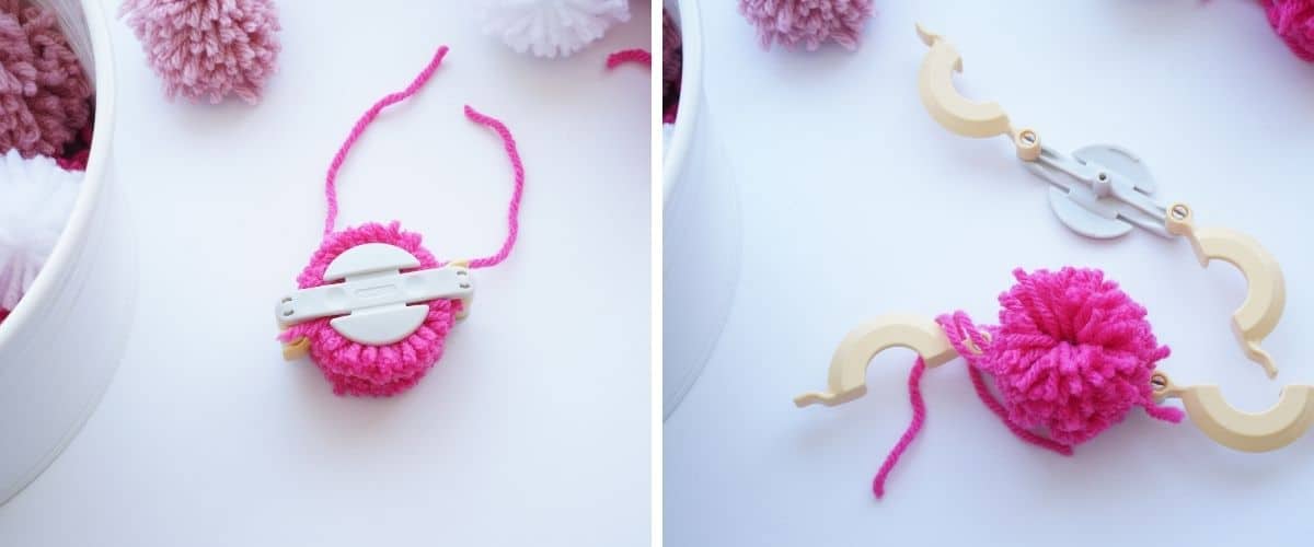 diy pompom maker tool with pink yarn and a finished pom pom