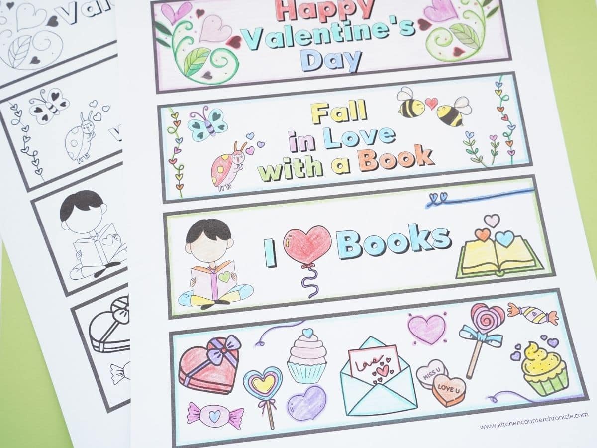 printed valentines colouring bookmarks already coloured