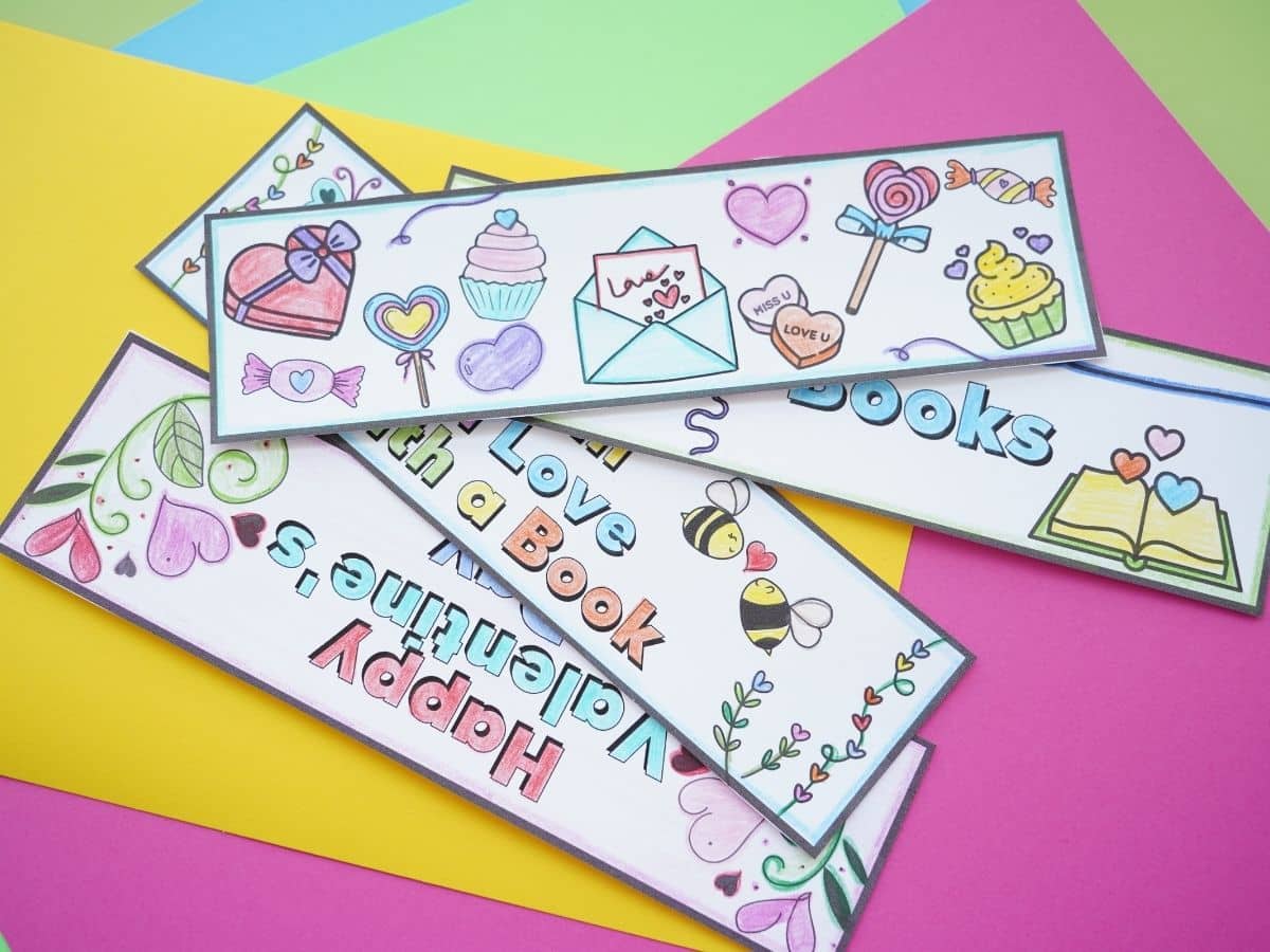 valentines day bookmarks for kids printed and coloured on colourful cardstock