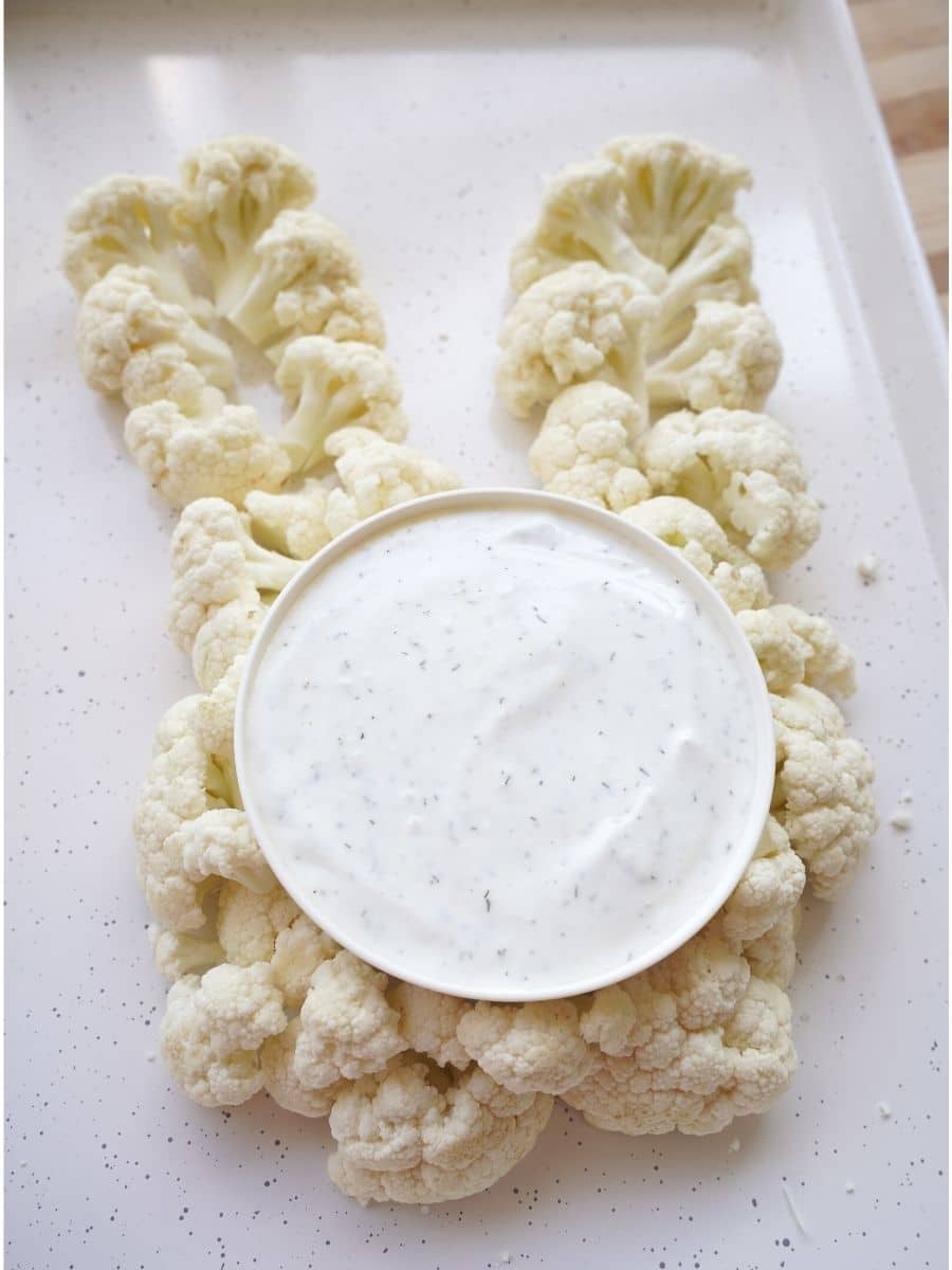 cauliflower bunny head on platter
