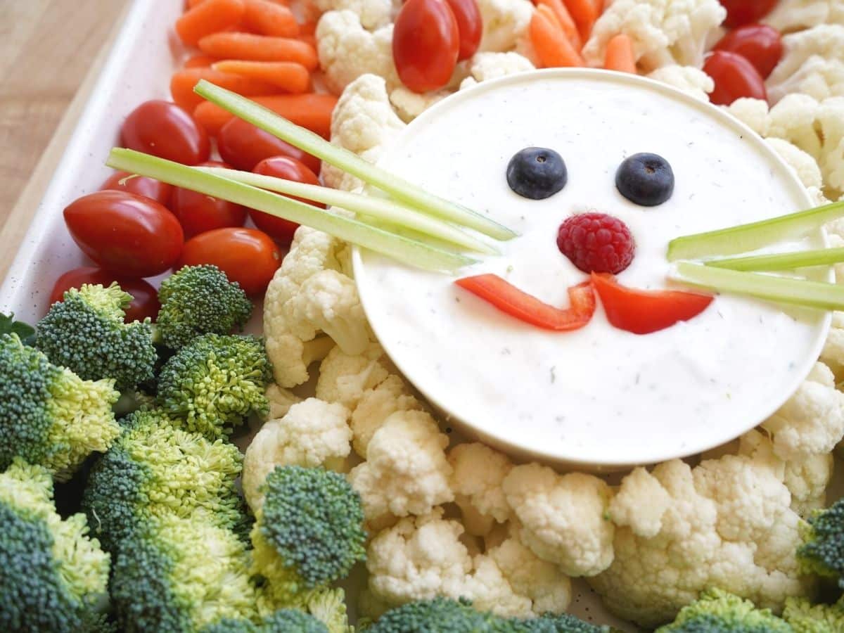 close up of easter bunny shaped vegetable tray