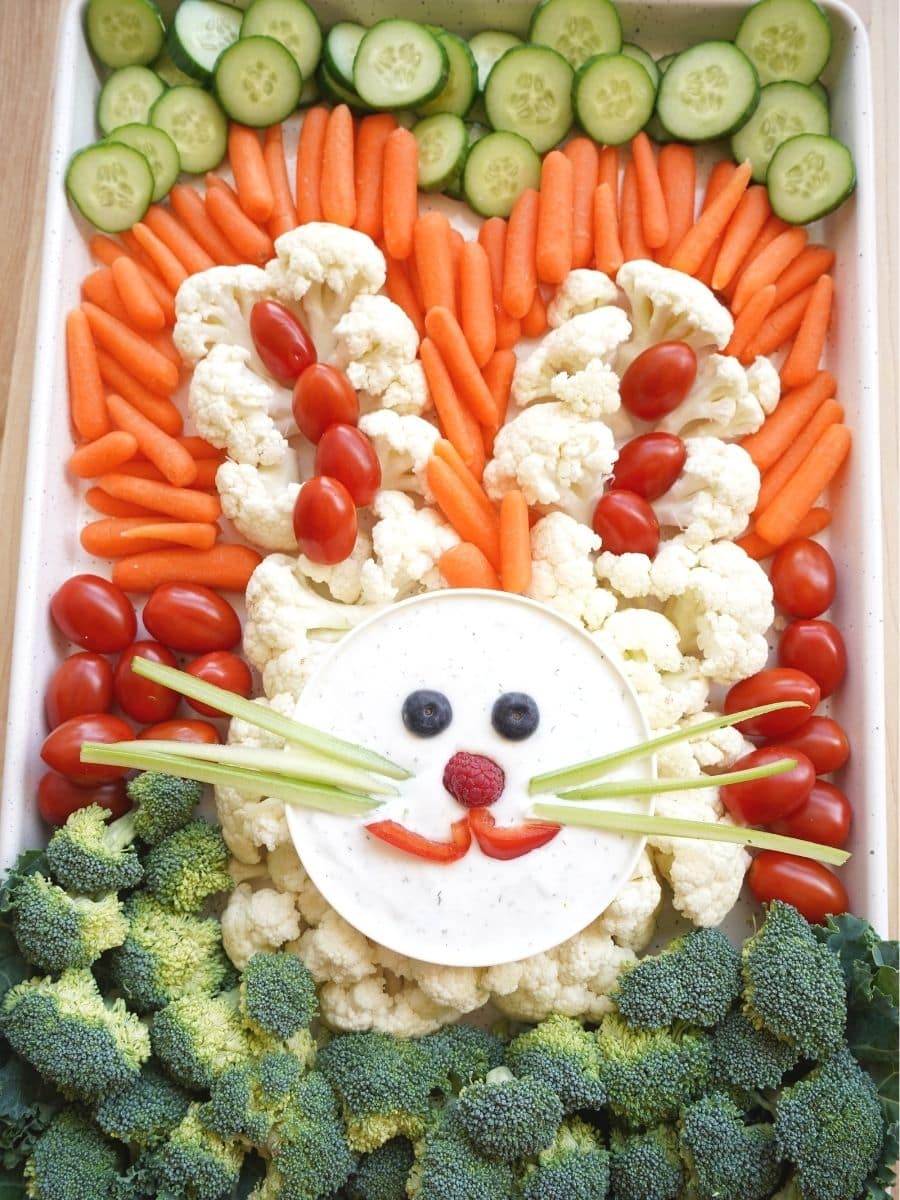 easter bunny veggie tray final made from cauliflower tomatoes carrots cucumber broccoli