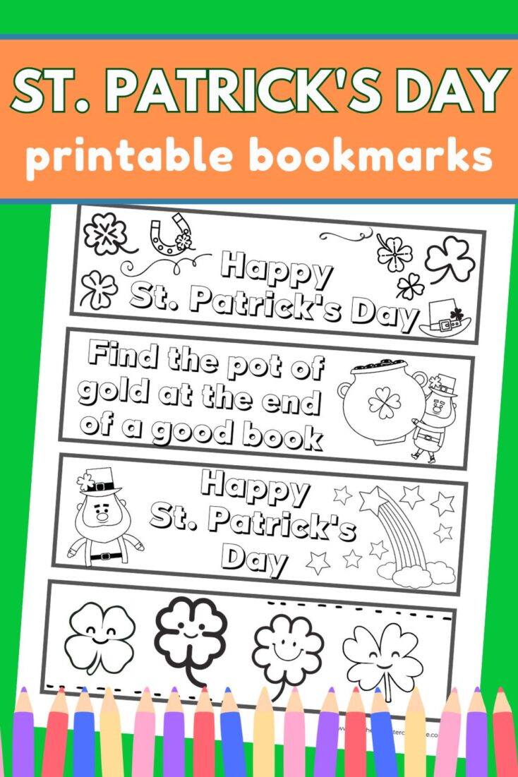 print out of 4 St. Patrick's Day bookmarks on paper surrounded by colored pencil crayons