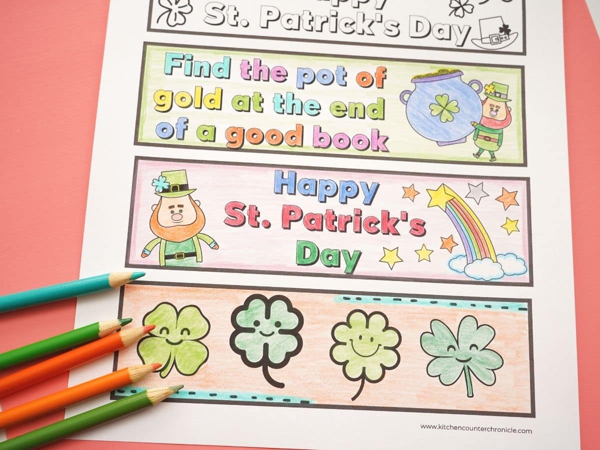 st patricks day printable bookmarks for kids with pencil crayons and coloured