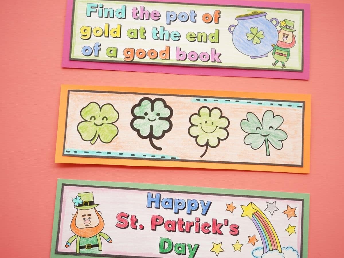 printable st patricks day bookmarks for kids to color with card stock backing on each bookmark
