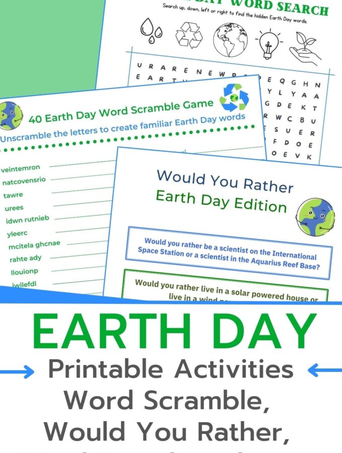 printable earth day activities for kids word scramble word search would you rather questions and title