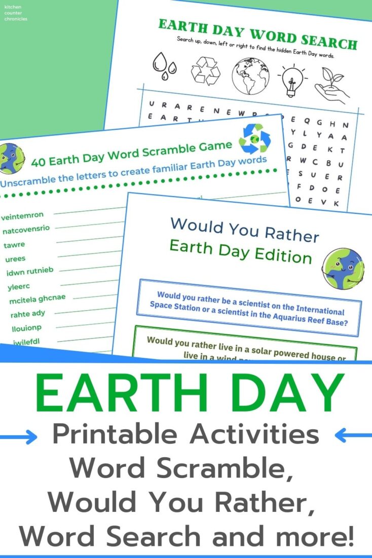 printable earth day activities for kids word scramble word search would you rather questions and title