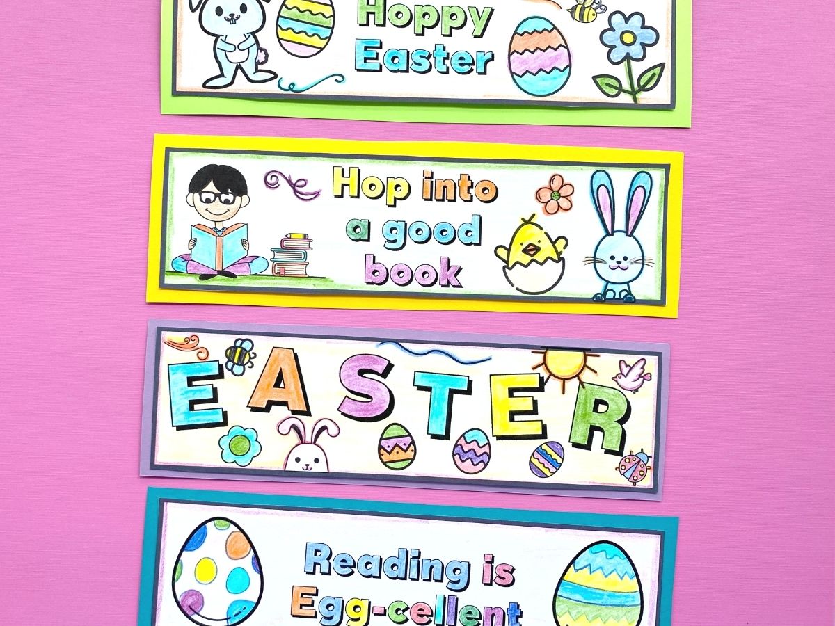 free printable easter bookmarks printed on paper and coloured in