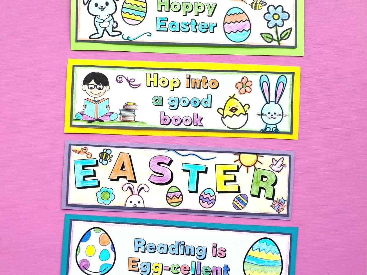 free printable easter bookmarks printed on paper and coloured in