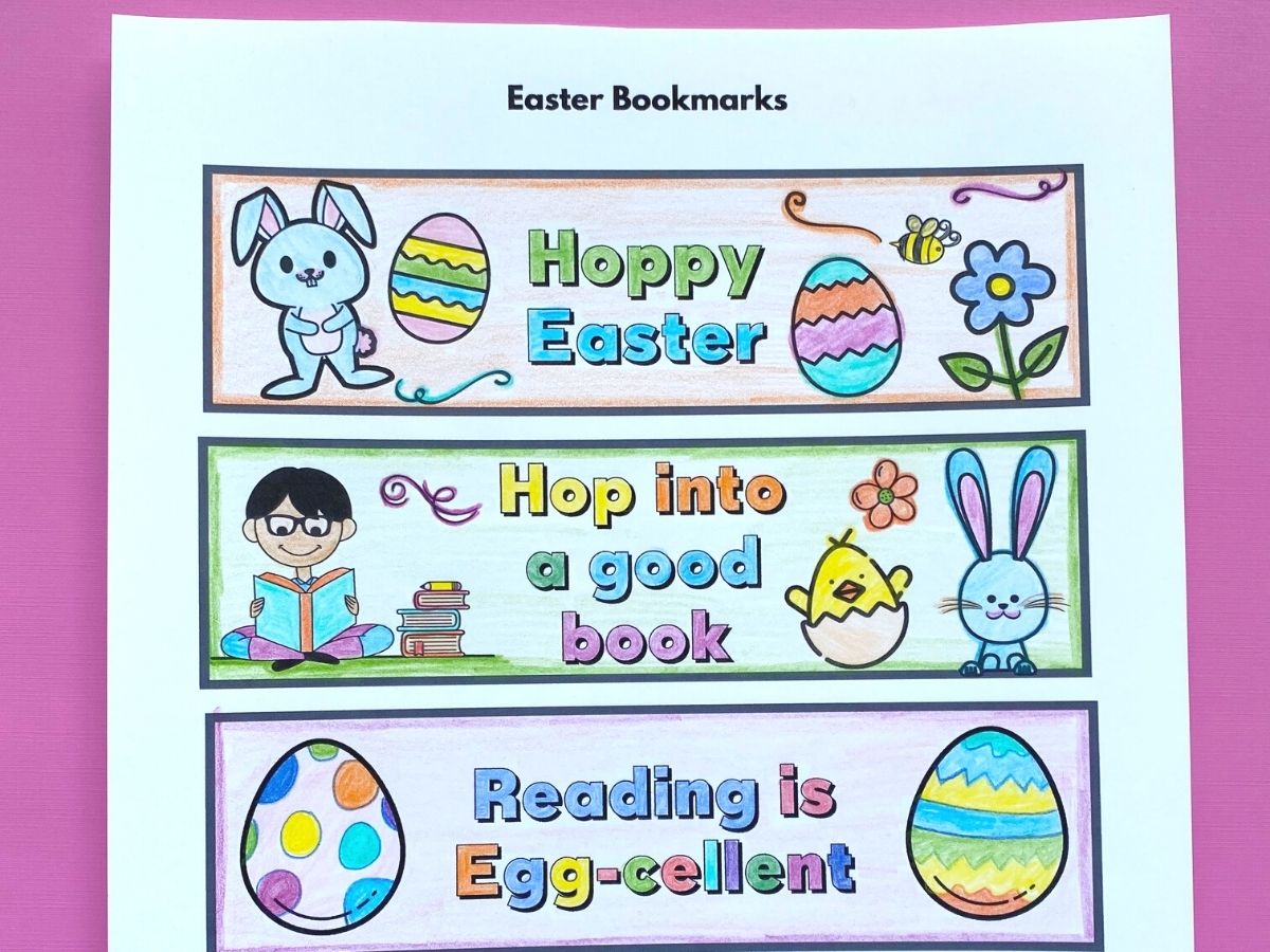 easter coloring bookmarks printed and coloured with pencil crayons