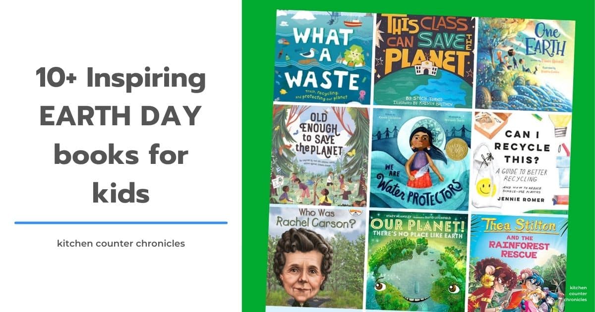 earth day books for kids social image with collage of books