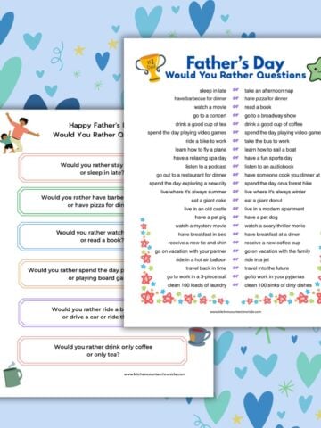 2 sheets of father's day would you rather questions with blue heart background