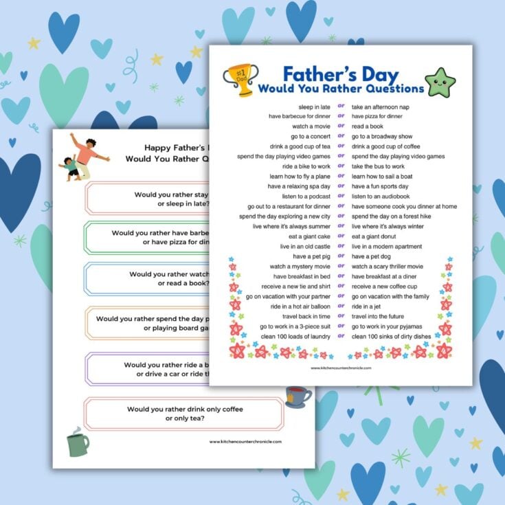 2 sheets of father's day would you rather questions with blue heart background