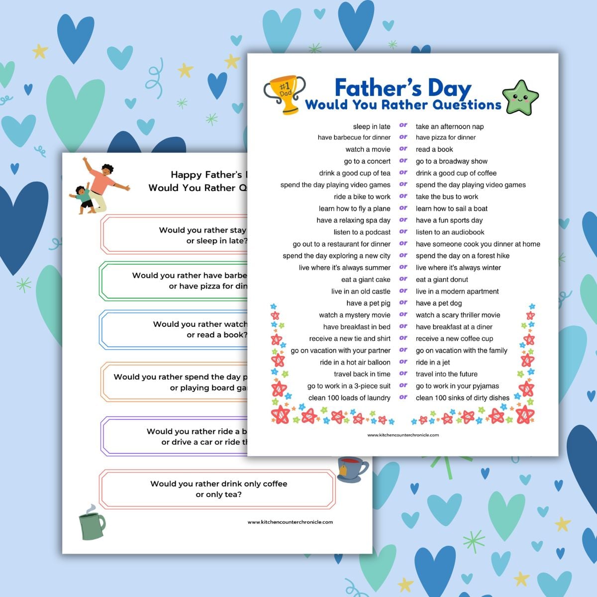 2 sheets of father's day would you rather questions with blue heart background