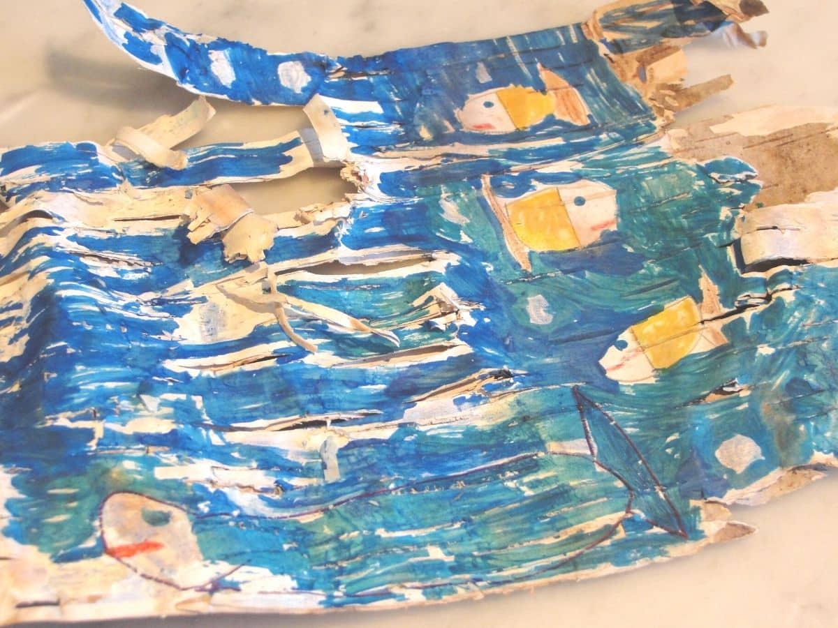 birch bark artwork by tween with fish and underwater scene