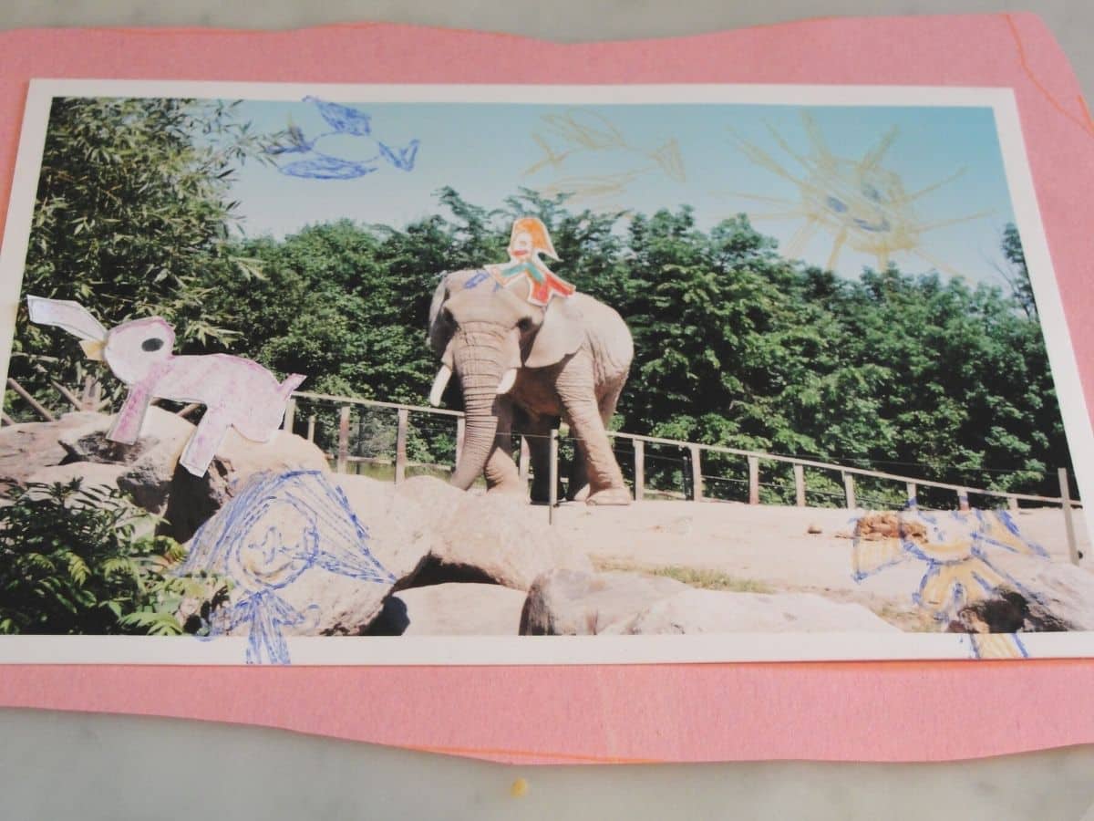 collage art inspired by knuffle bunny book elephants and people