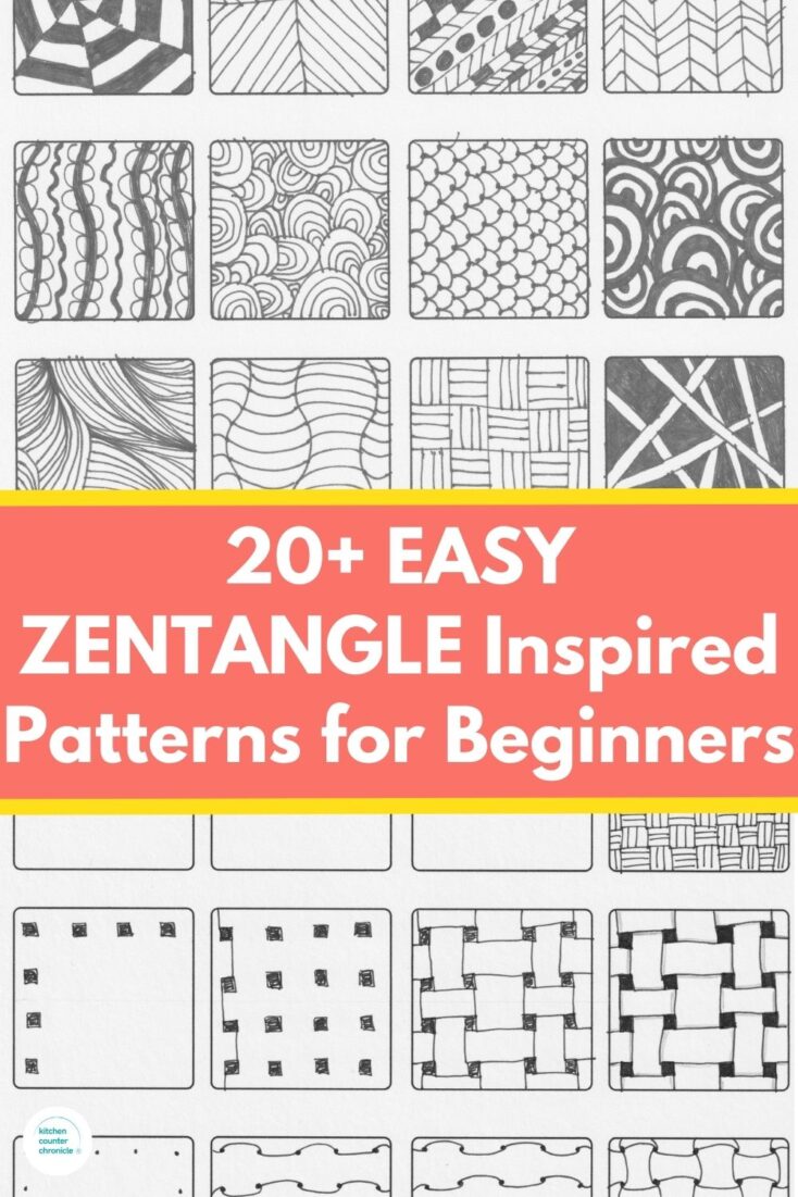 collage of zentangle patterns with title 20+ easy zentangle inspired patterns for beginners