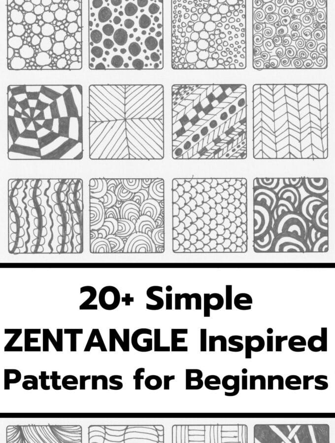 easy zentangle patterns for beginners collage of 20 zentangle designs and title