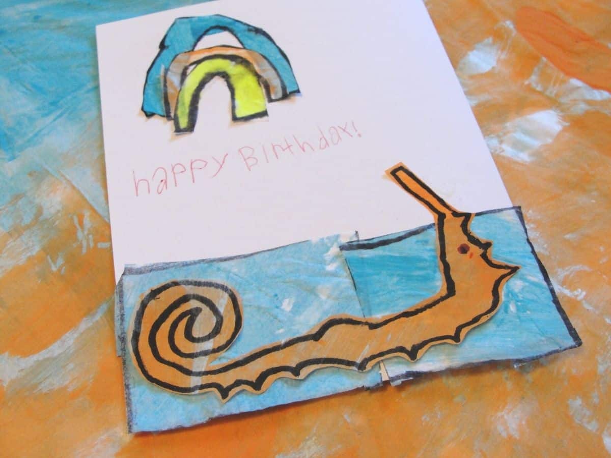 eric carle inspired birthday card with tissue paper sea horse and rainbow