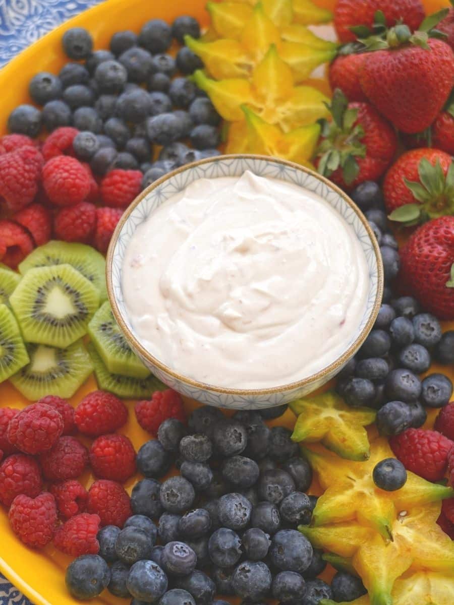 fruit tray dip in bowl in middle of fruit tray all kinds of fruit