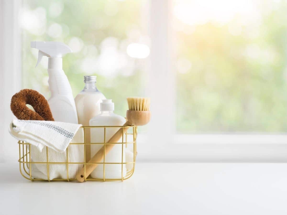 kitchen counter with cleaning tools
