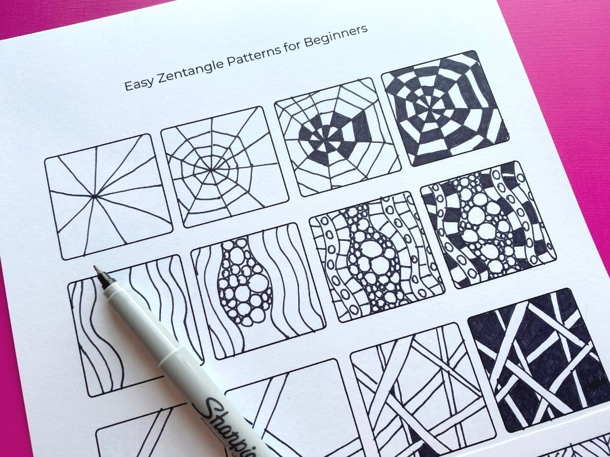 print out of easy zentangle patterns with ultra fine tip sharpie pen