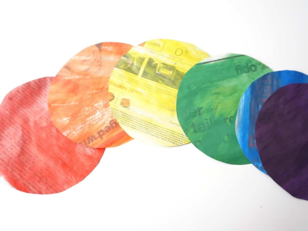 rainbow colours painted on circles of newpaper for rainbow bunting art