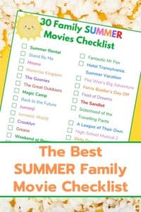 the best printable summer family movies checklist with title and popcorn border