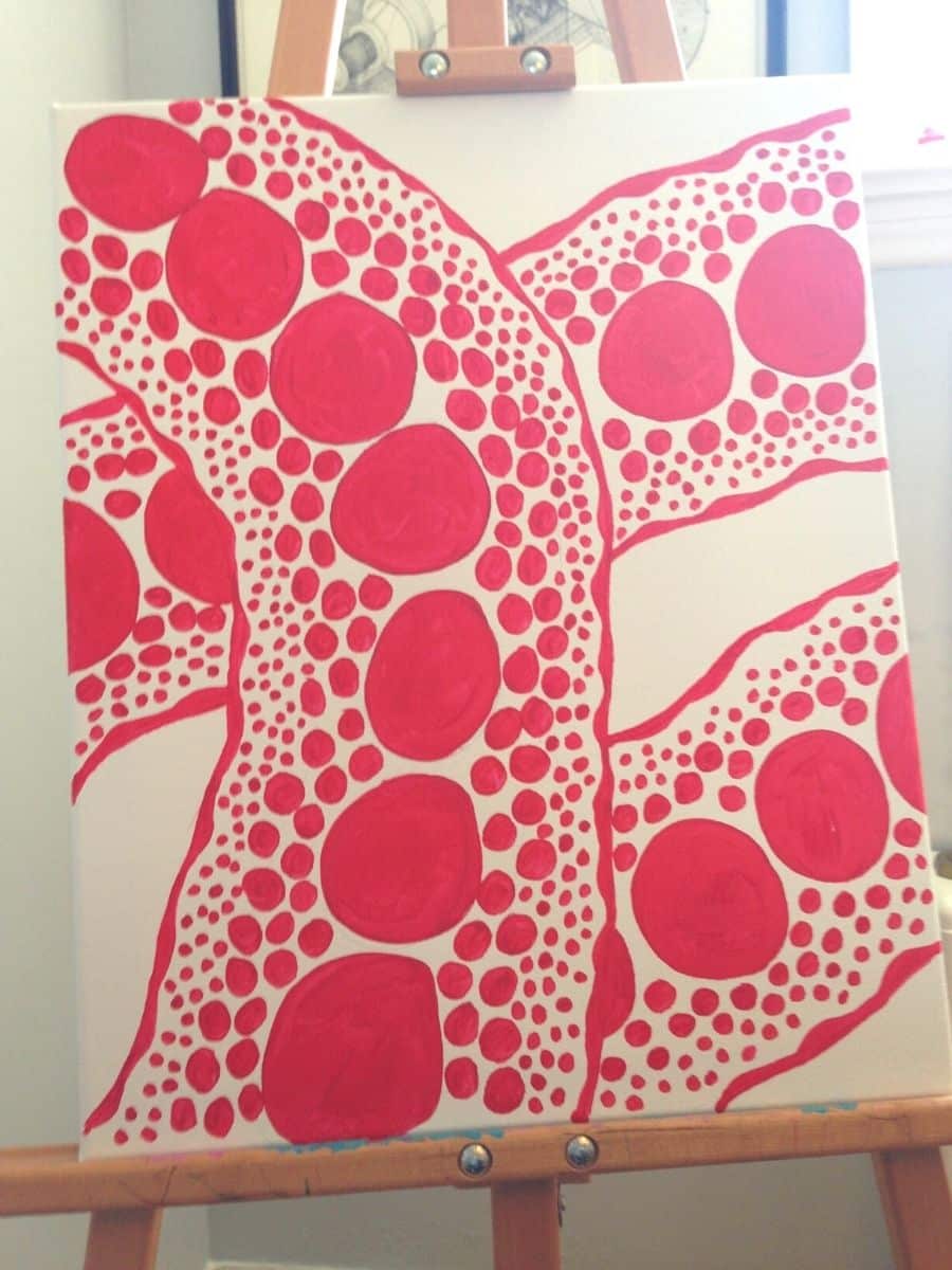 yayoi kusama inspired painting on canvas with red polka dots