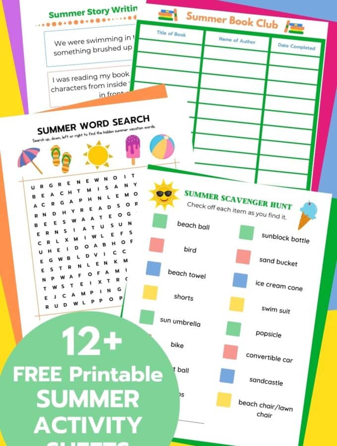 12+ free printable summer activity sheets for kids 4 sheets printed with title in circle of text