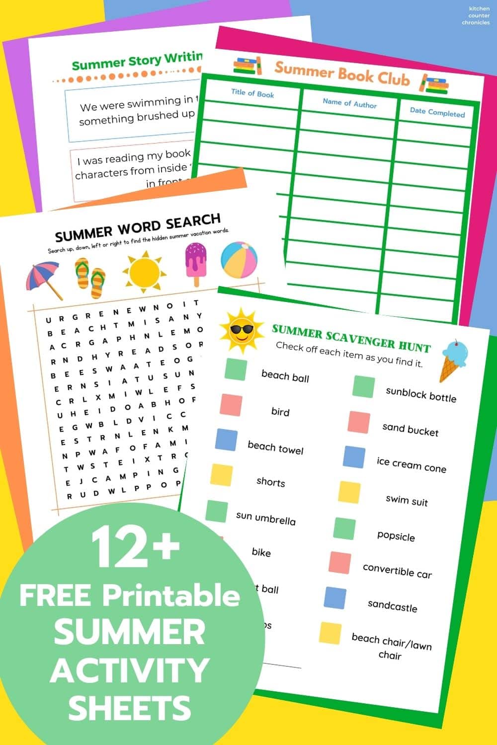 12+ free printable summer activity sheets for kids 4 sheets printed with title in circle of text