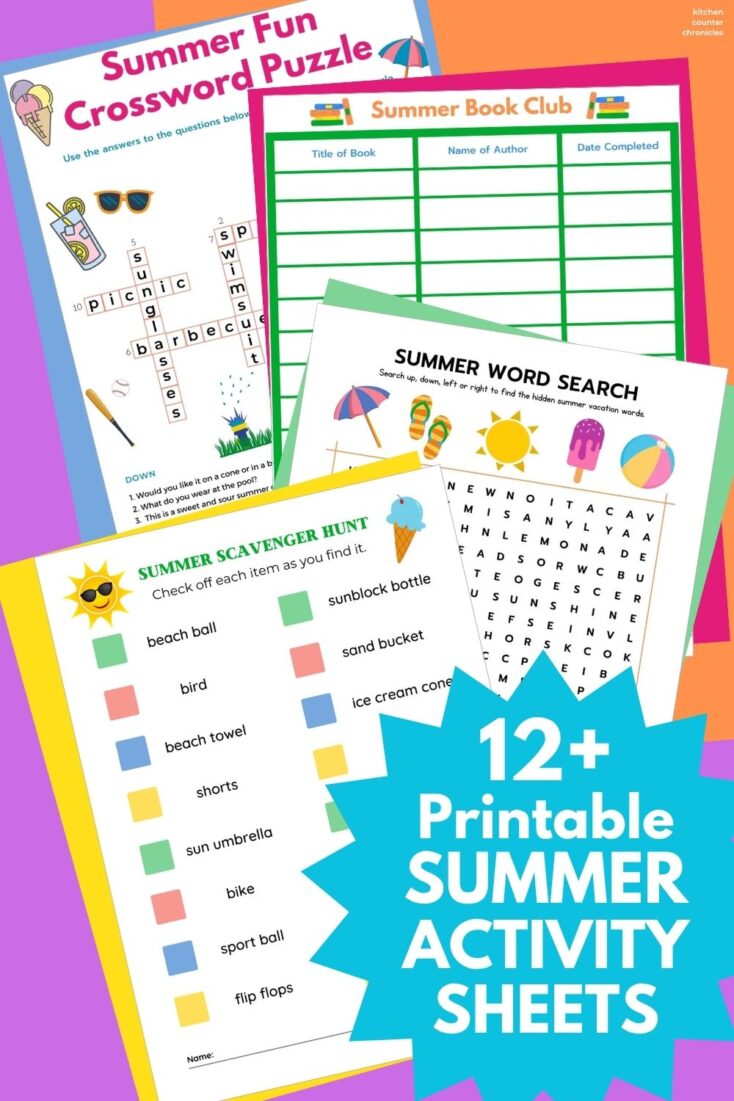 collage of 4 Free Printable SUMMER ACTIVITY SHEETS with title about 12+ printable summer worksheets for kidspin image