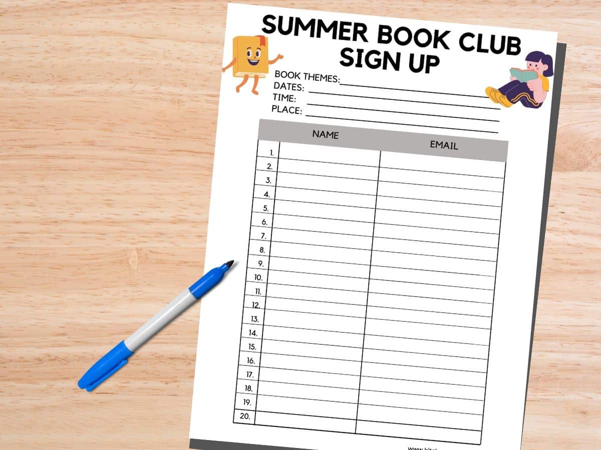 print out of summer book club sign up sheet with marker on desktop