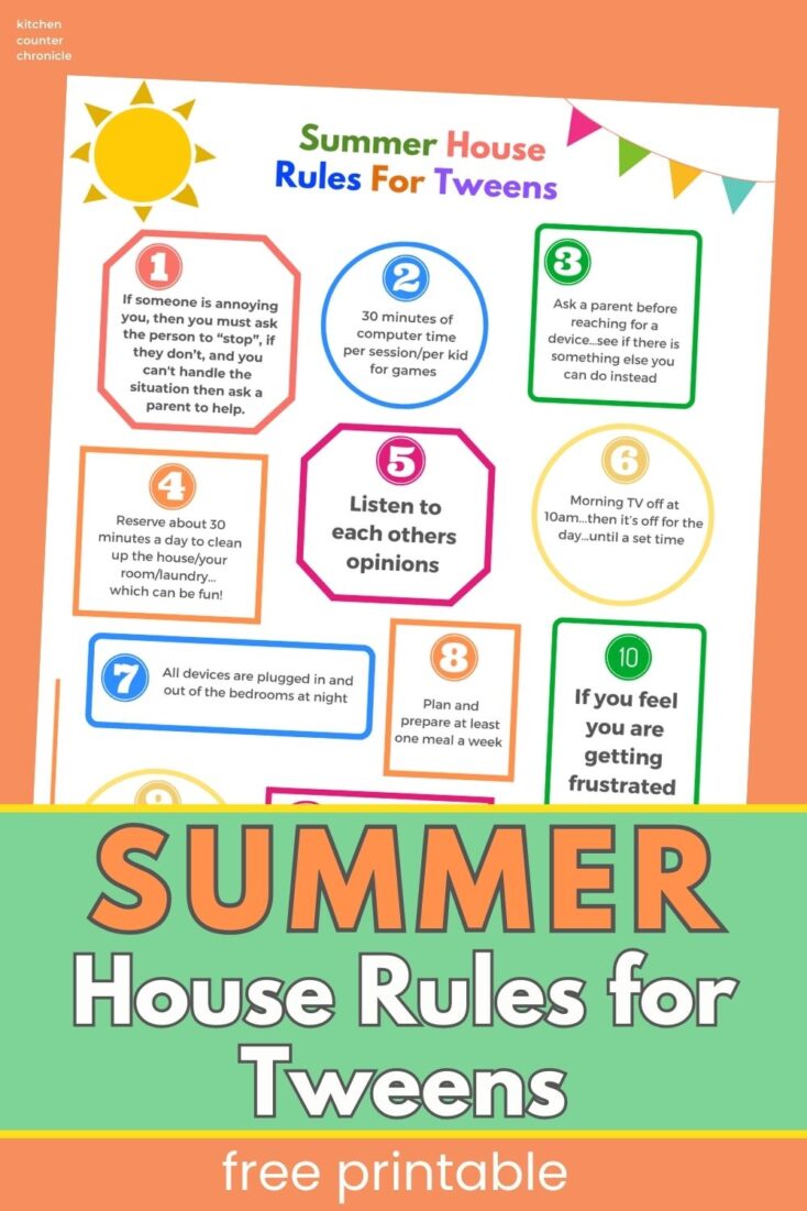 printable summer house rules for tweens on orange background
