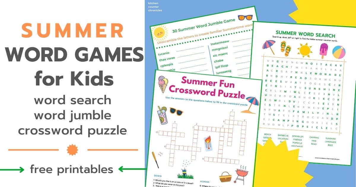 printable summer word games for kids social image with title and 3 printables
