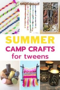 collage of summer camp crafts for tweens with title friendship bracelets, weaving, wind chime, bug hotel, tin lantern