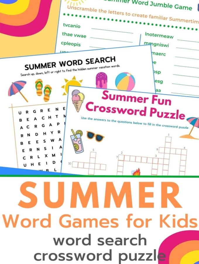 free printable summer word games pin image with title and crossword puzzle, word search and word jumble