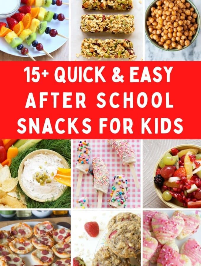 collage of after school snacks for kids with title