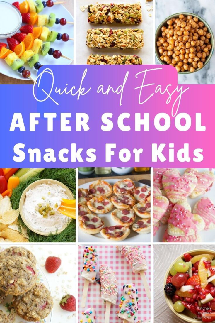 collage of snack food - dips, mini-pizzas, fruit kebobs, and more. With title "quick and easy after school snacks for kids"
