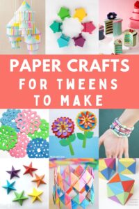 collage of paper crafts for tweens, paper lantern, paper frogs, paper beads, paper starts, paper flowers and more