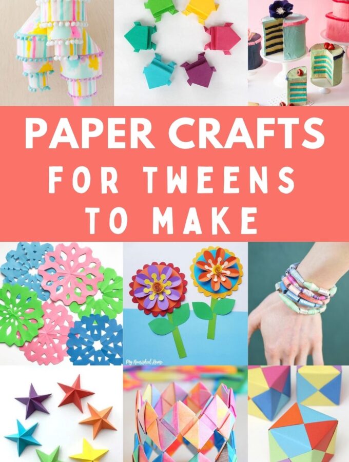 collage of paper crafts for tweens, paper lantern, paper frogs, paper beads, paper starts, paper flowers and more