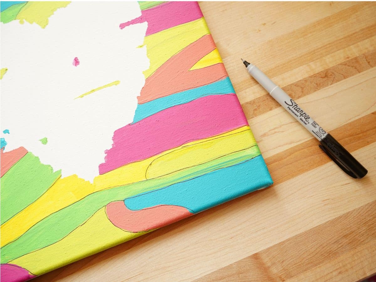 black marker lines on tape resist art painting on canvas