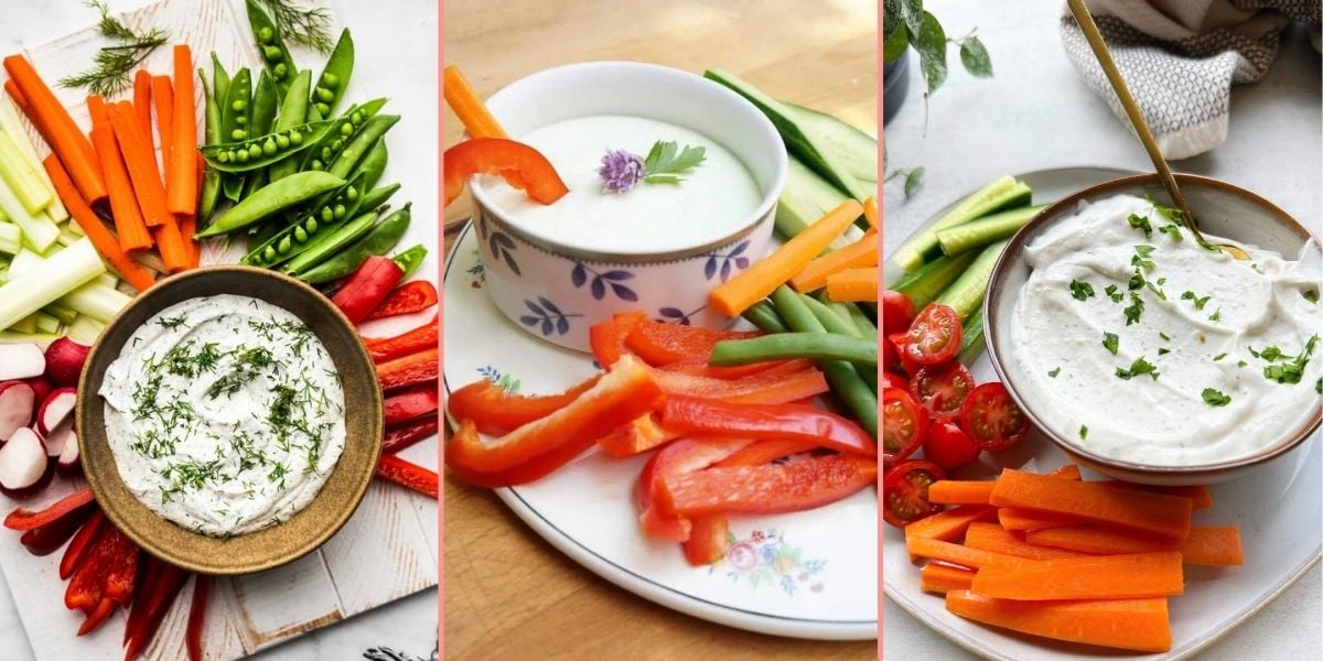 bowls of greek dill yogurt dip, cottage cheese dip, and high-protien dip