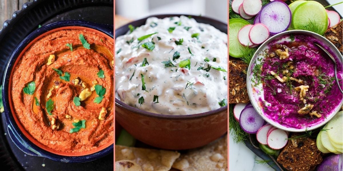 bowls of roasted red pepper dip, chopped vegetable dip, and roasted beet dip
